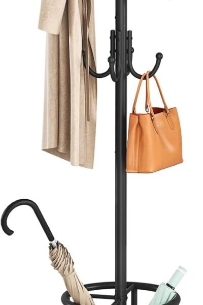 Metal coat rack with umbrella holder, 12 hooks, round base, heavy duty floor standing coat tree for entryway, hallway, living room, bedroom, office.