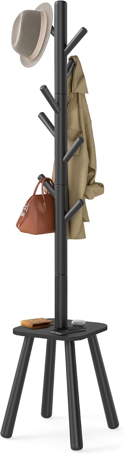 Coat rack freestanding with 8 hooks and storage shelf, hall coat tree, for coats, hats, bags, entryway, hallway, bedroom.