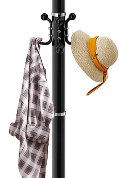 Metal heavy duty coat rack stand, modern freestanding with natural marble base, 360° rotary coat rack with 16 hooks, black coat hall tree hanger stand for entryway, office.