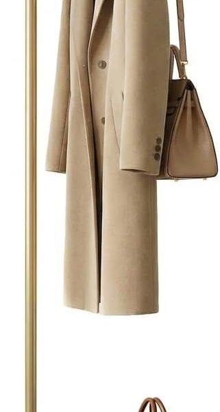 L-shaped freestanding metal clothes stand with sintered stone base, stable and sturdy storage for coats, hats, bags, and scarves, ideal for entryway, office, and bedroom.