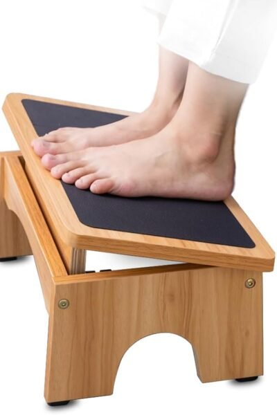 Adjustable wooden foot stool under desk, 3 angles, non-slip wide platform, stable leg support for workstation gaming.
