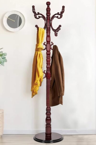 Wooden coat rack freestanding, hall tree hanger with resin hooks, adjustable height, heavy duty for hanging clothes bags hats in living room bedroom.