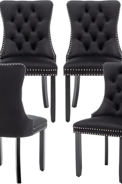 Dining chairs set of 4, upholstered velvet, tufted backrest, nailhead trim, solid wood legs, for dining room and kitchen.