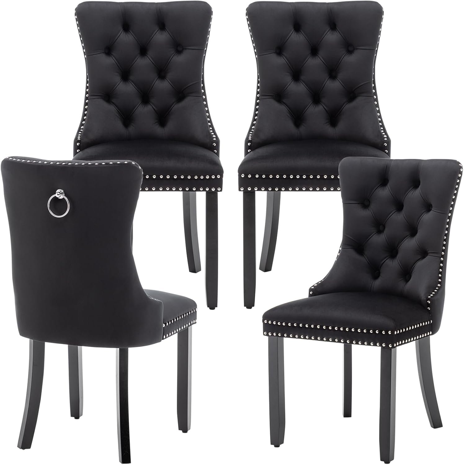 Dining chairs set of 4, upholstered velvet, tufted backrest, nailhead trim, solid wood legs, for dining room and kitchen.