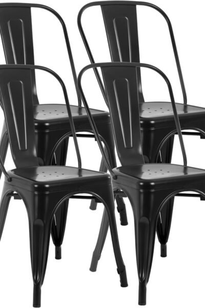 Dining chairs set of 4, metal frame, stackable, 330lbs load capacity, non-slip feet, indoor/outdoor use, ideal for kitchen and restaurants.