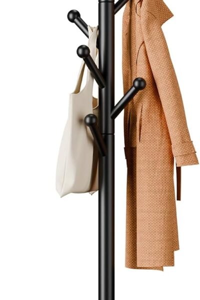 Freestanding coat rack, 8 hooks, 3 heights, safe round tips, tool-free assembly, holds clothes hats handbags, ideal for entryway bedroom hallway office.