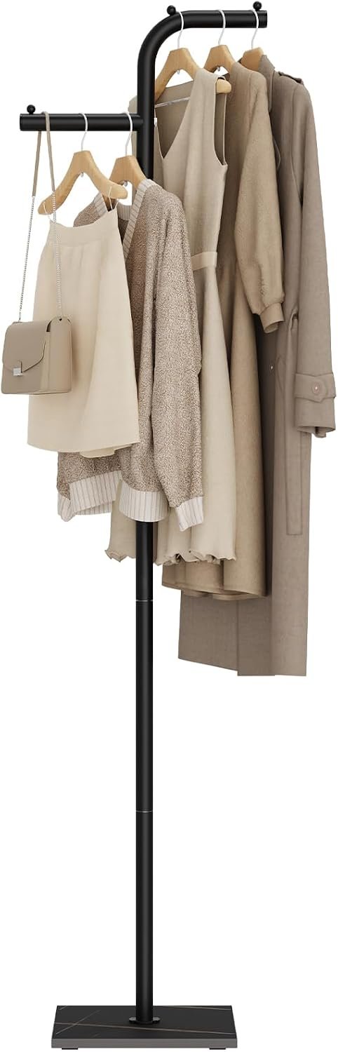 Freestanding coat rack, small clothes rack, modern clothing rail with rock slab base, heavy-duty metal coat tree for boutiques, hallway, entryway, living room.