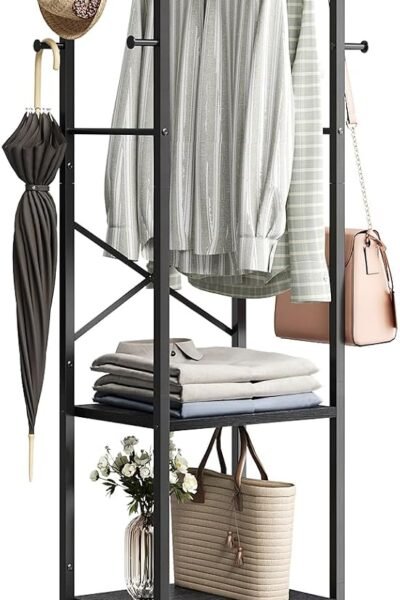 Hall tree with 3 shelves and 12 hooks, industrial metal frame, space-saving design, clothes rack stand organizer for bedroom, hallway, entryway, office, living room.