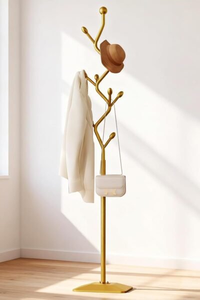 Metal coat tree with 8 hooks, sturdy cast iron base, heavy duty freestanding coat hanger stand for clothes hats scarfs purses.