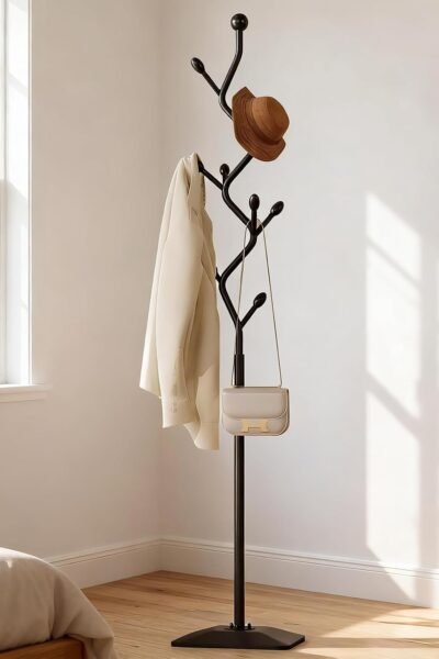 Metal coat tree with 8 hooks and sturdy cast iron base, heavy duty freestanding coat hanger stand for clothes hats scarfs purses.