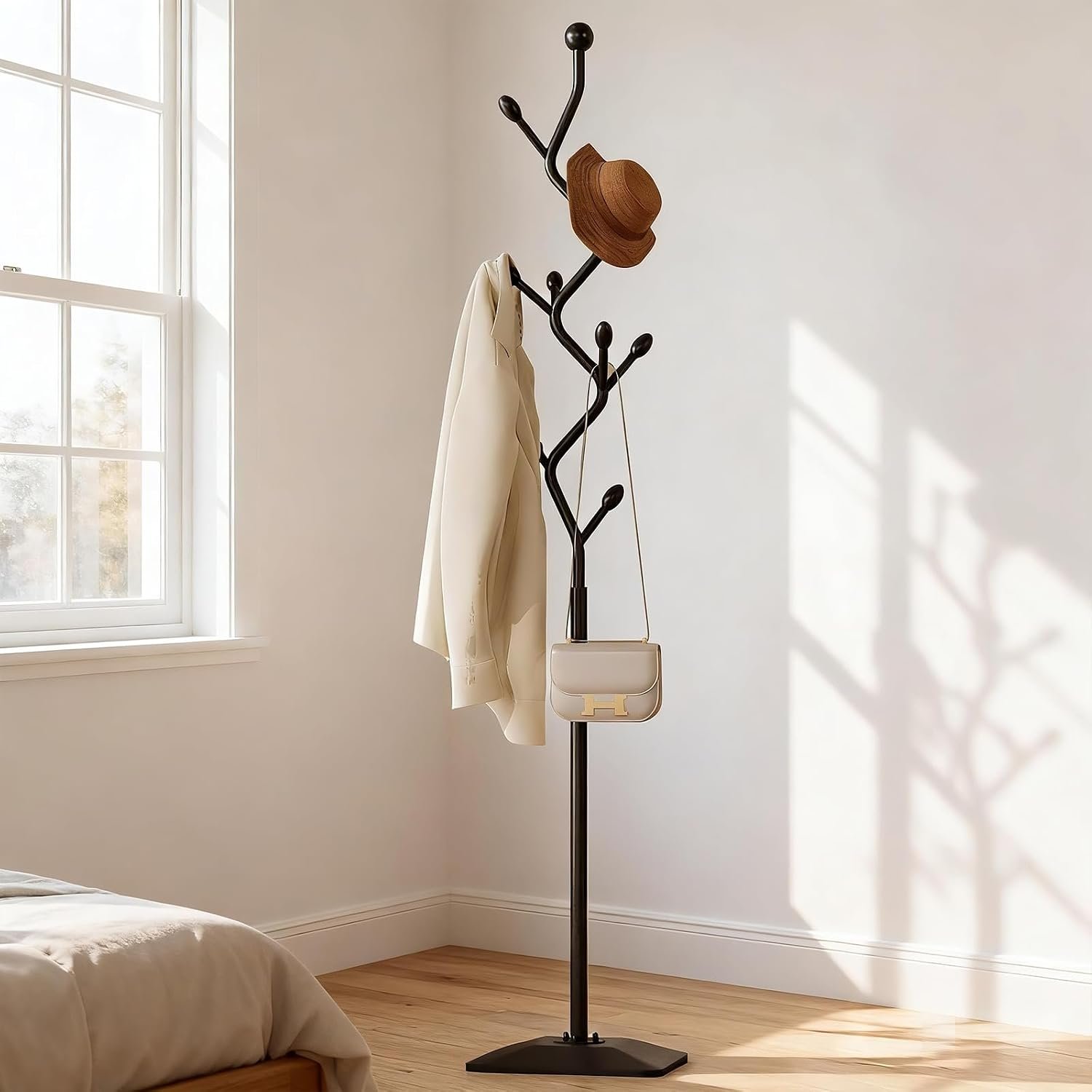 Metal coat tree with 8 hooks and sturdy cast iron base, heavy duty freestanding coat hanger stand for clothes hats scarfs purses.