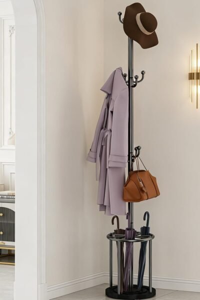 Coat rack freestanding with umbrella holder, coat tree, coat hanger stand with 12 hooks for clothes bag hats, hat rack hall tree coat hanger umbrella stand for entryway.