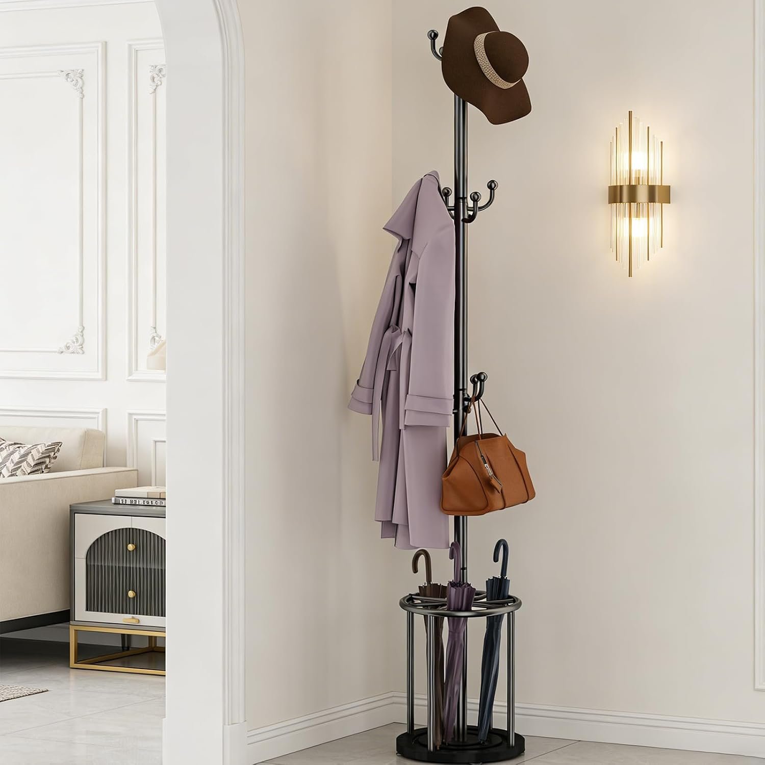 Coat rack freestanding with umbrella holder, coat tree, coat hanger stand with 12 hooks for clothes bag hats, hat rack hall tree coat hanger umbrella stand for entryway.