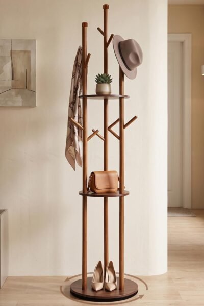 Wood rotary coat rack freestanding with shelf for entryway, 360° rotating with 9 hooks and 3 shelves, coat tree for entryway, living room, coat hanger stand for coats, scarves, hat.