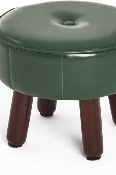 Small round foot stool ottoman, faux leather footrest, non-skid rubber legs, for living room bedroom.
