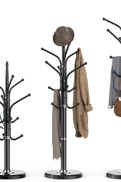 Heavy duty coat rack with marble base, 12 hooks, adjustable heights, freestanding coat tree, metal coat stand, for coats, bags and hats in entryway.