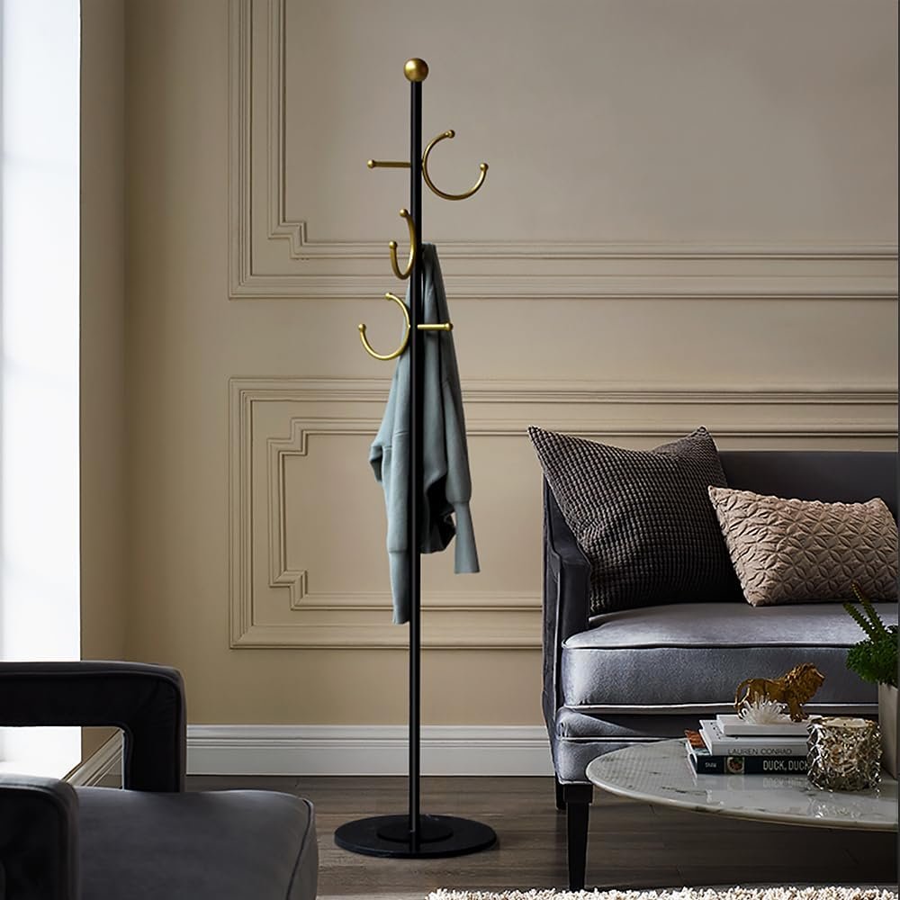 Modern coat rack with marble base, heavy duty with gold hooks, entryway coat rack stand, coat tree freestanding coat hanger stand for hanging clothes, hats, bags.