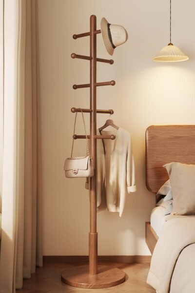 Solid wood coat rack freestanding with 10 hooks, 3 adjustable heights for coats, hats, handbags, coat stand for entryway, bedroom, office.