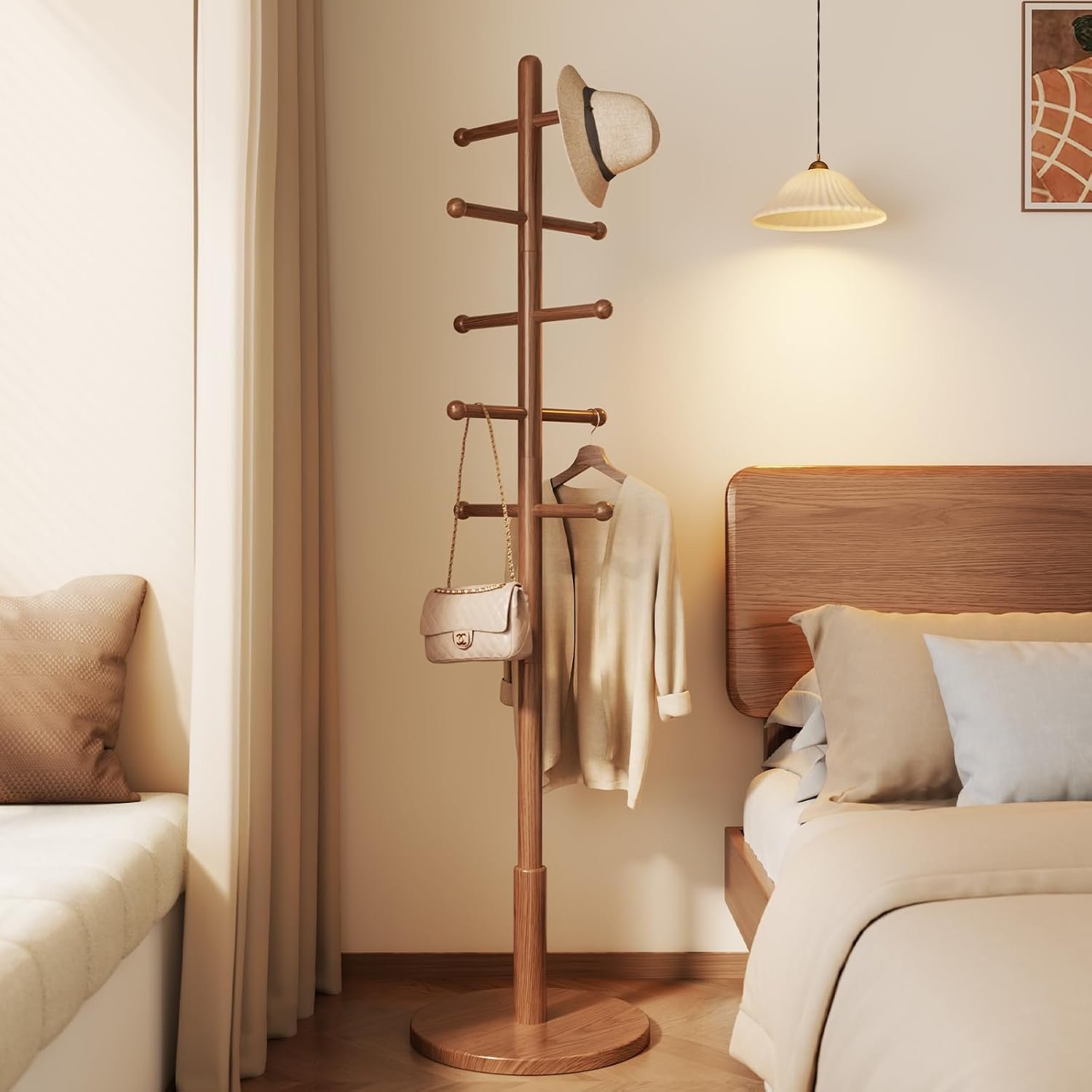 Solid wood coat rack freestanding with 10 hooks, 3 adjustable heights for coats, hats, handbags, coat stand for entryway, bedroom, office.