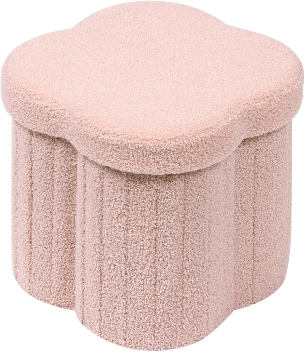 Storage ottoman cube, flower shaped foot stool, boucle ottoman seat for dorm room, faux teddy fur.