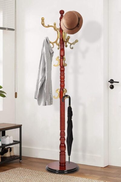 Wooden coat rack freestanding, solid wood begonia, vintage coat rack with sturdy round base, adjustable height 37.40-72.83 inches, entrance coat rack for bedroom living room.