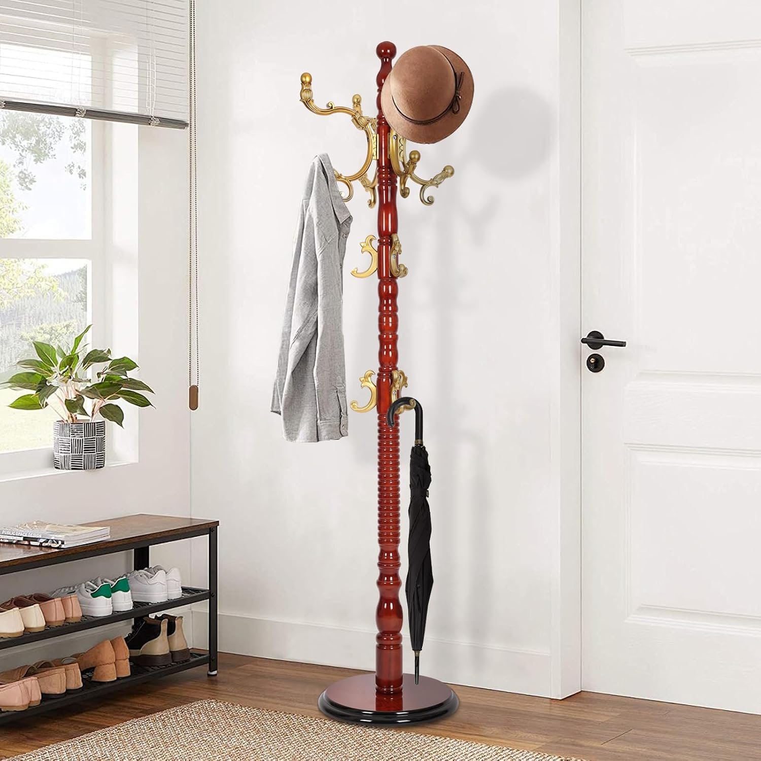 Wooden coat rack freestanding, solid wood begonia, vintage coat rack with sturdy round base, adjustable height 37.40-72.83 inches, entrance coat rack for bedroom living room.