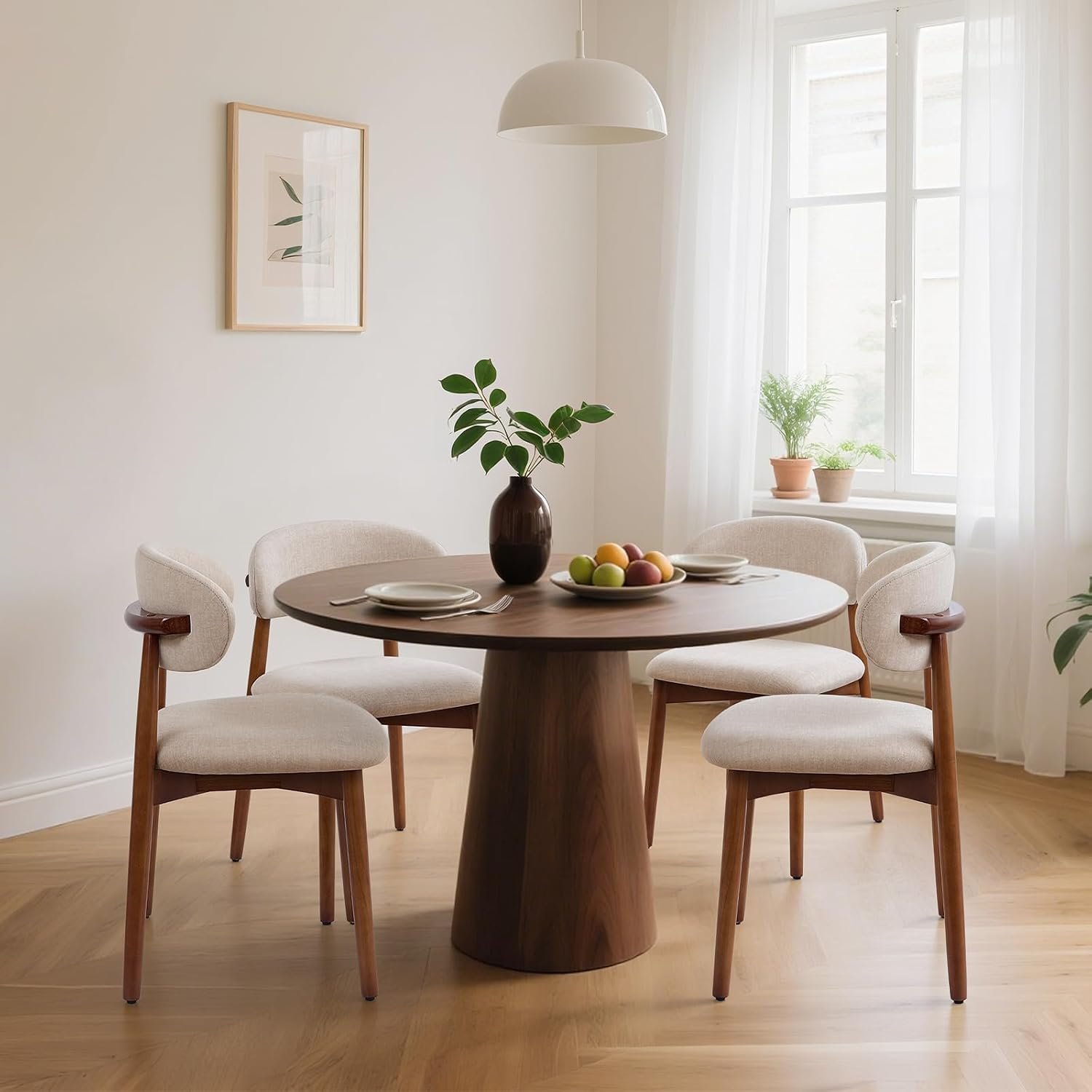Dining chairs set of 4, fabric upholstered, wooden frame, curved back, farmhouse style, for kitchen, dining room, restaurant, cafe.