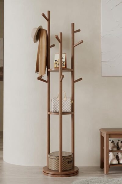 Solid wood rotary coat rack freestanding with 3 shelves and 9 hooks, coat tree for bedroom, entryway, living room, coat hanger stand for coats, scarves, handbags.