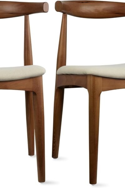 Dining chairs set of 2, solid wooden frame, upholstered beige linen cushion, modern farmhouse, for home, kitchen, office.