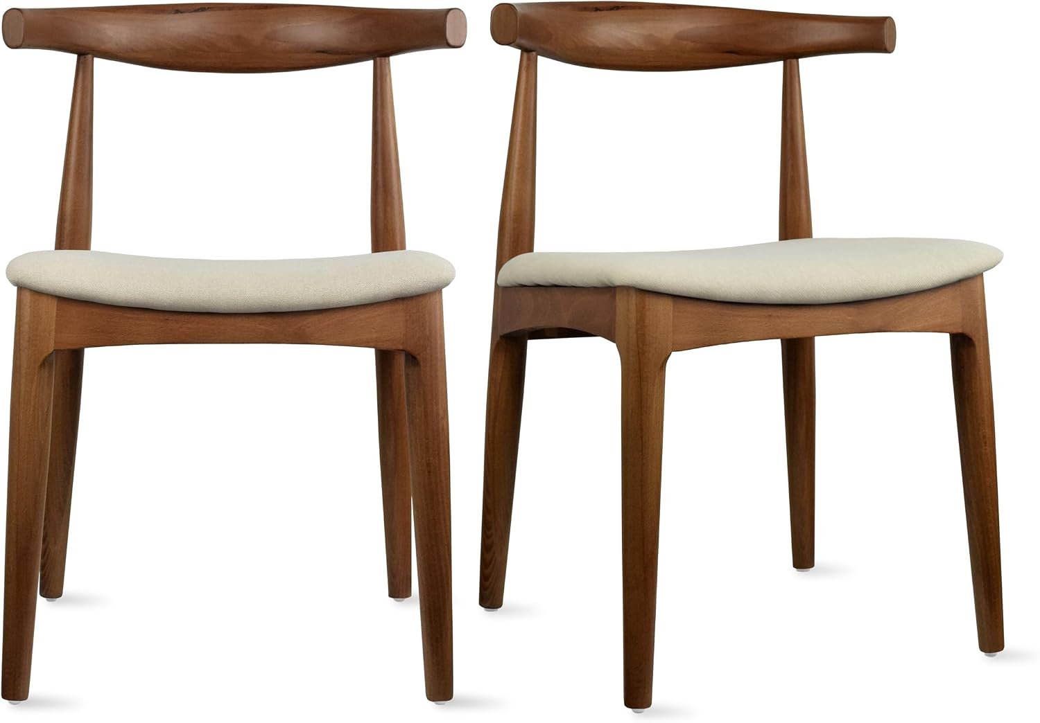 Dining chairs set of 2, solid wooden frame, upholstered beige linen cushion, modern farmhouse, for home, kitchen, office.