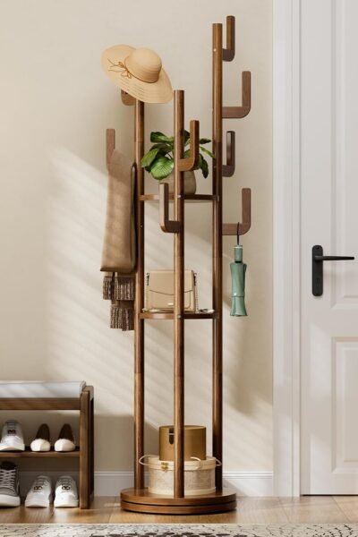 Rotary coat rack freestanding, solid wood coat tree with 9 hooks and 3 storage shelves for purse, bag, jacket, hat, corner hanger stand racks for hall, entryway, office.