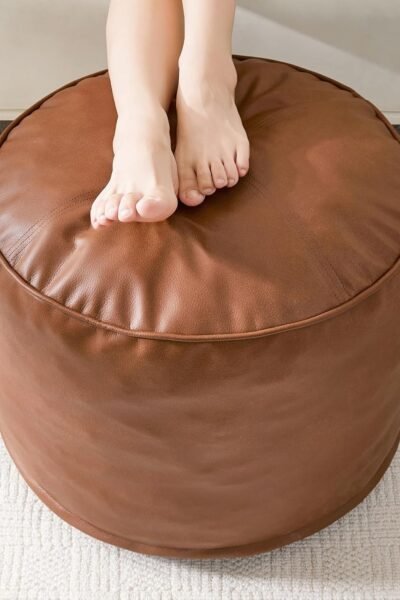 Round stuffed pouf ottoman, PU leather, foam chunk filling, storage foot stool for living room.