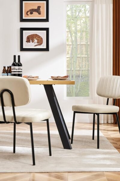 Dining chairs set of 2, upholstered faux leather cushion seat, metal legs, mid-century modern, for home office, living room, kitchen.