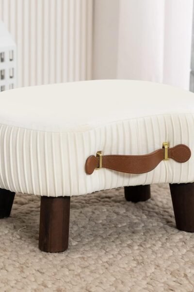 Curved foot stool with handle, velvet upholstered, modern foot rest with wooden legs, padded seat for couch living room.