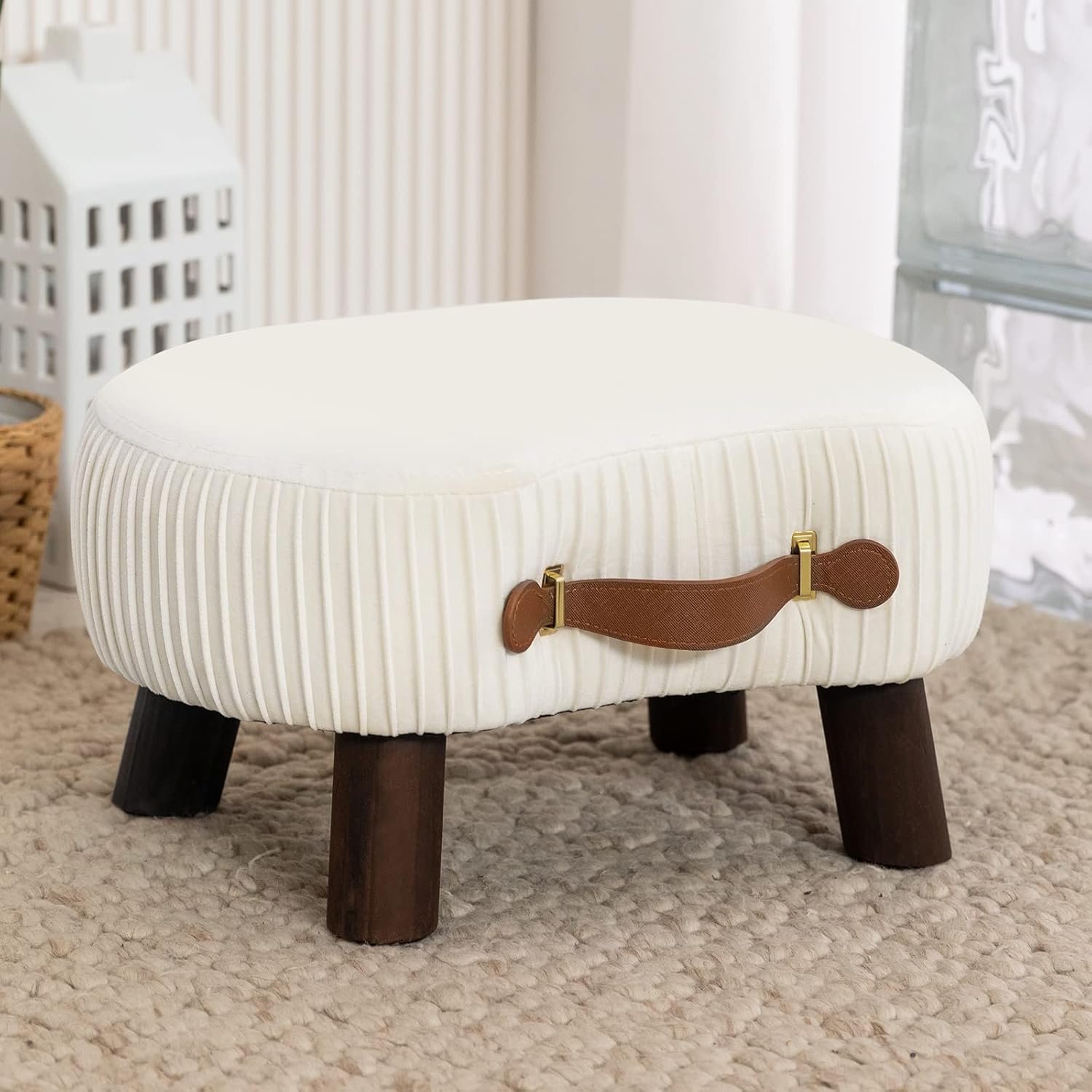Curved foot stool with handle, velvet upholstered, modern foot rest with wooden legs, padded seat for couch living room.