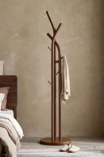 Solid wood coat tree rack with 9 hooks, creative tree-shaped design, standing coat rack clothes hanger stand with sturdy base for entryway, bedroom, load 300lb.