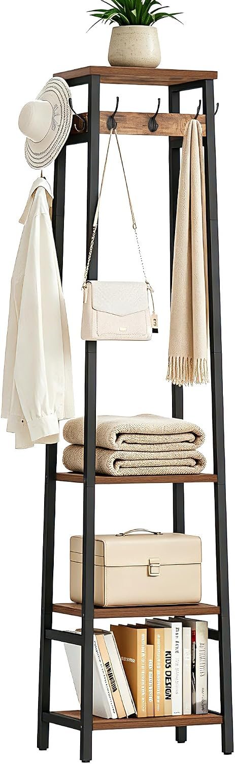 Coat rack freestanding with 3 shelves and 7 hooks, coat stand, hall tree free standing, clothes rack stand organizer, industrial style.