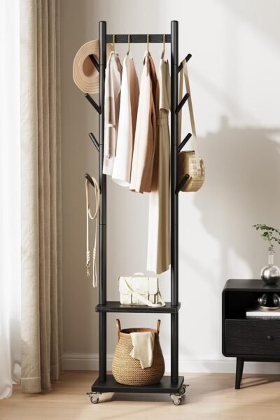 Rolling clothes rack with 8 hooks and shelves, solid wood, small clothing rack with wheels, heavy duty clothing racks for hanging clothes, portable hall tree for entryway.