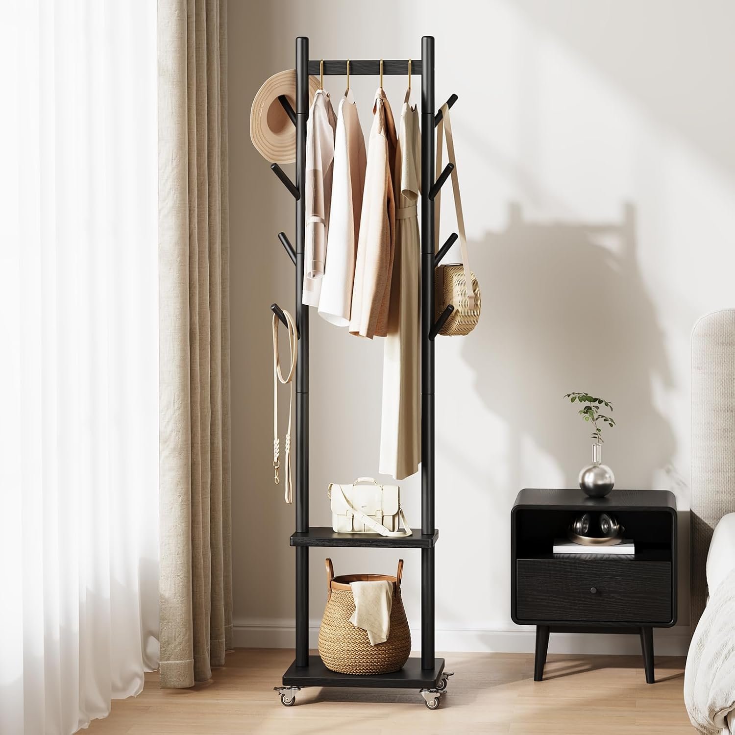 Rolling clothes rack with 8 hooks and shelves, solid wood, small clothing rack with wheels, heavy duty clothing racks for hanging clothes, portable hall tree for entryway.
