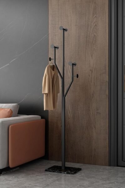 Tree-shaped freestanding coat rack for entryway bedroom, easy assembly, space saver, heavy duty, metal frame, marble base, 8 hooks, living room, office, corner.
