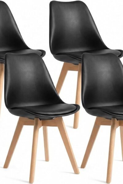 Dining chairs set of 4, upholstered PU leather padded seat, armless, curved backrest, solid wood legs, for dining room, kitchen, apartment.