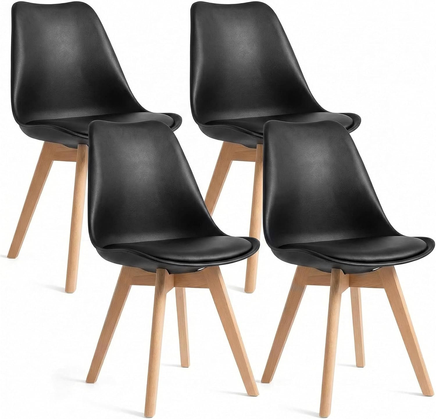 Dining chairs set of 4, upholstered PU leather padded seat, armless, curved backrest, solid wood legs, for dining room, kitchen, apartment.