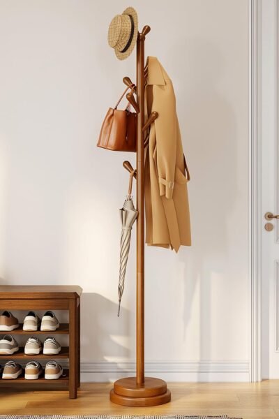 Solid wood coat rack freestanding with 8 hooks, adjustable height, rounded hooks, dual-layer base, holds coats hats bags for entryway, bedroom.