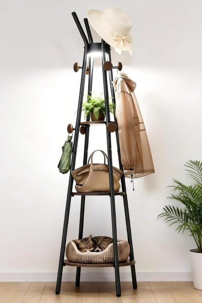 Freestanding coat rack with light, 12 hooks and 3 wood shelves.