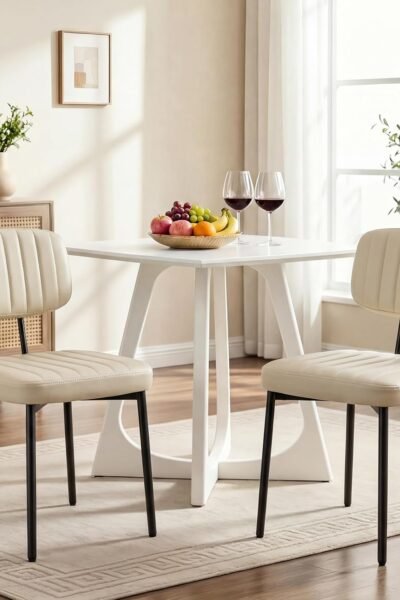 Dining chairs set of 2, PU leather upholstered, metal legs, shell style backrest, mid-century modern, for dining and living room.