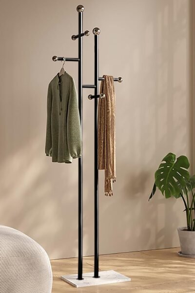 Metal standing coat rack for entryway bedroom living room, easy assembly, compact footprint, space saver, metal frame, marble base, sturdy, 8 spherical hooks, office, corner.