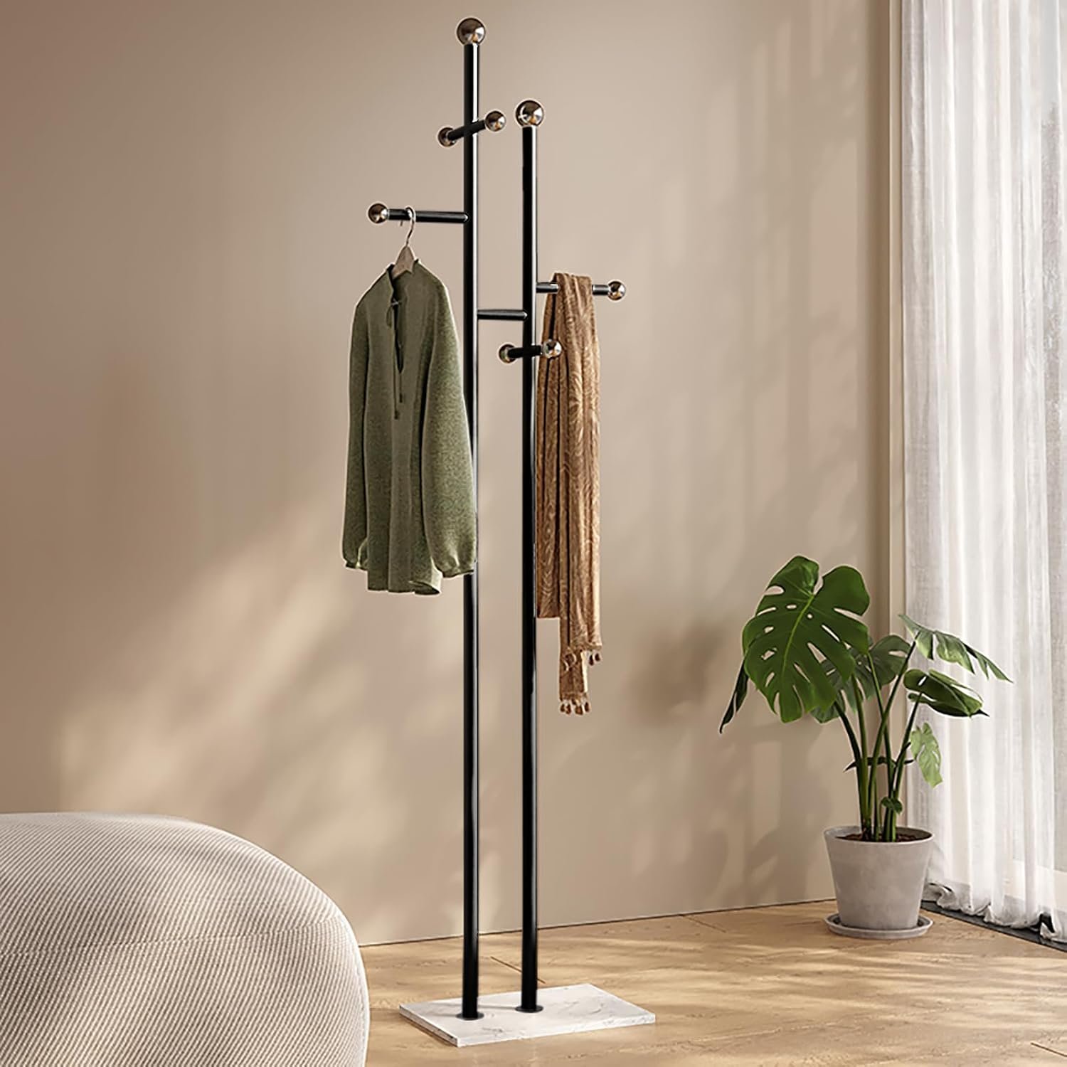 Metal standing coat rack for entryway bedroom living room, easy assembly, compact footprint, space saver, metal frame, marble base, sturdy, 8 spherical hooks, office, corner.