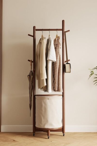 Solid wood coat rack with fabric basket, freestanding rolling coat tree with 9 hooks and wheels, small clothes rack for entryway bedroom hallway living room.