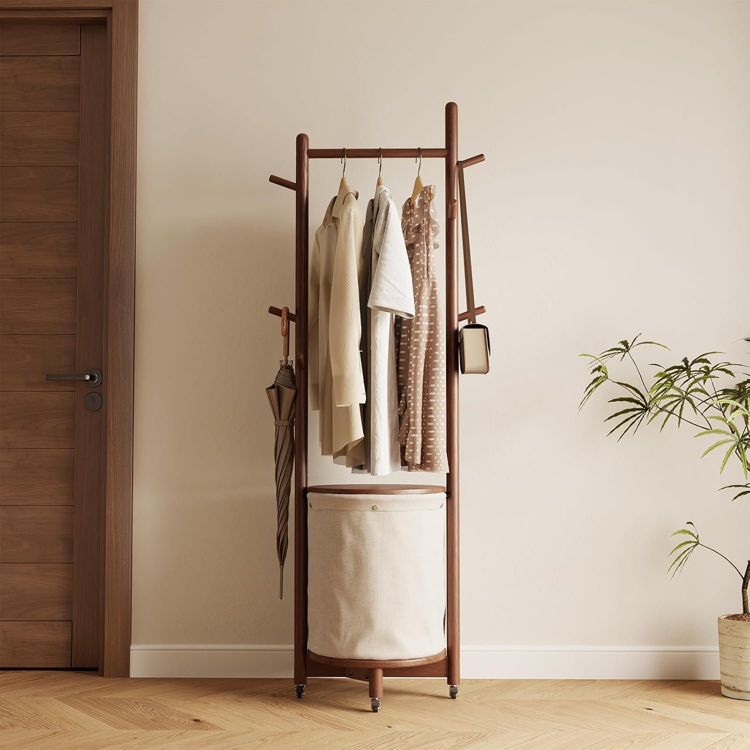 Solid wood coat rack with fabric basket, freestanding rolling coat tree with 9 hooks and wheels, small clothes rack for entryway bedroom hallway living room.