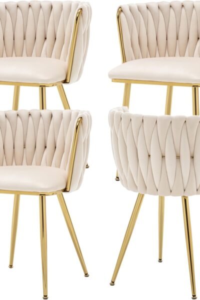 Dining chairs set of 4, velvet upholstered, woven design, gold metal legs, for dining room, vanity, kitchen, living room.